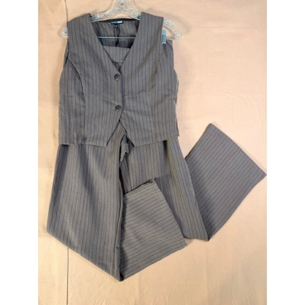 Fashion Nova CEO Energy Vest & Pants Set XL Brown Pinstripe NWT